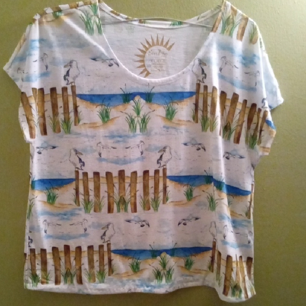 Womans XL Sun Bay Ocean Front Graphic Summery Beach Print Short Sleeve Tee